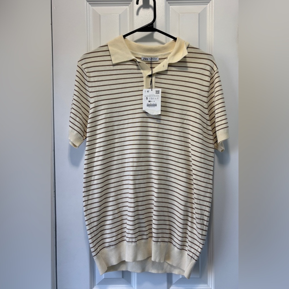 NWT Zara Women's Cream and Brown‎ Striped Polo Size Small